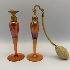 Antique DeVilbiss Steuben Art Deco Iridescent Amber Orange Glass Perfu,m Bottles